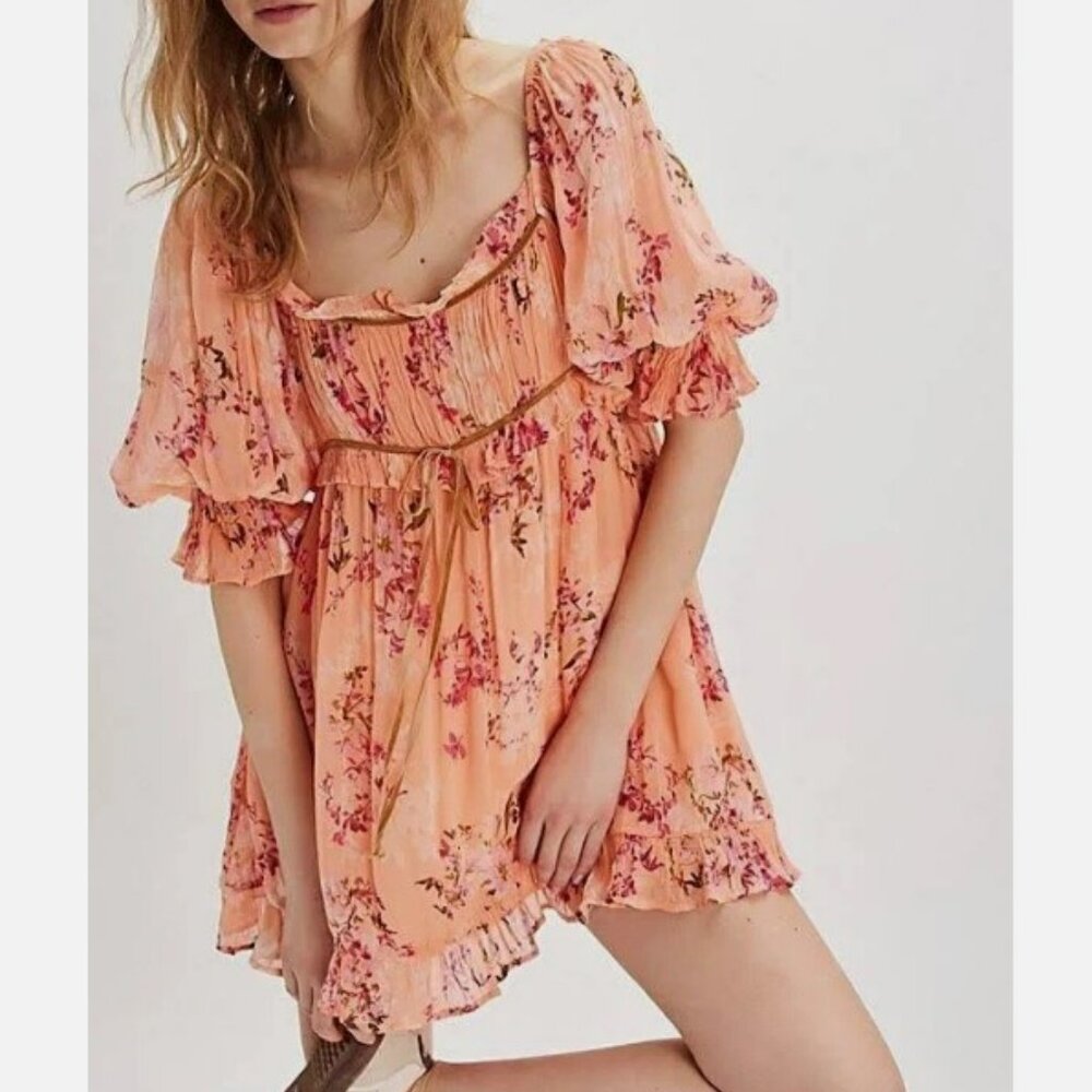 Free People Marney Square Neck Puff Sleeve Floral Printed Babydoll‎ Dress Size S